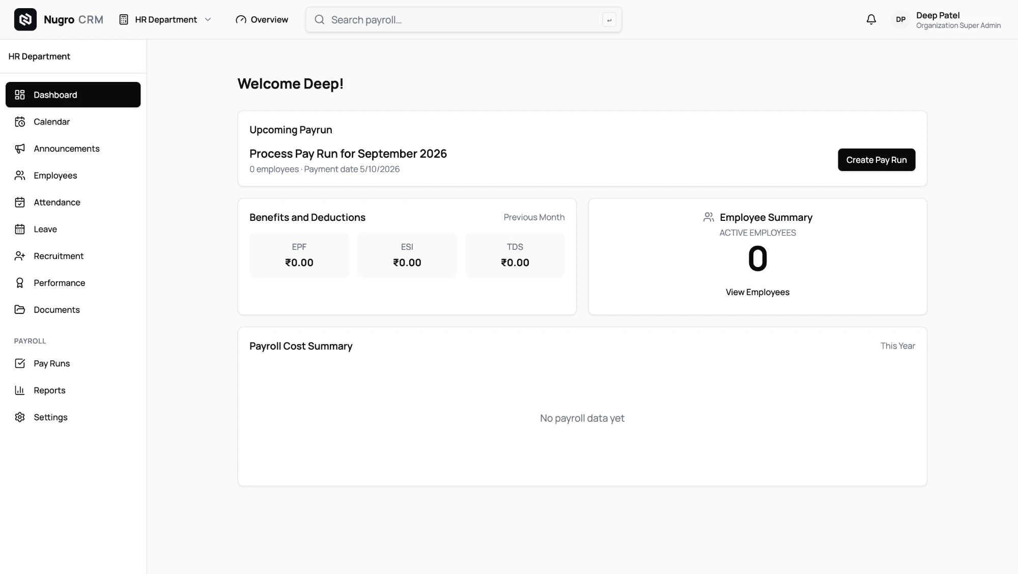 Vyavastha HR Department dashboard with payroll and employee management