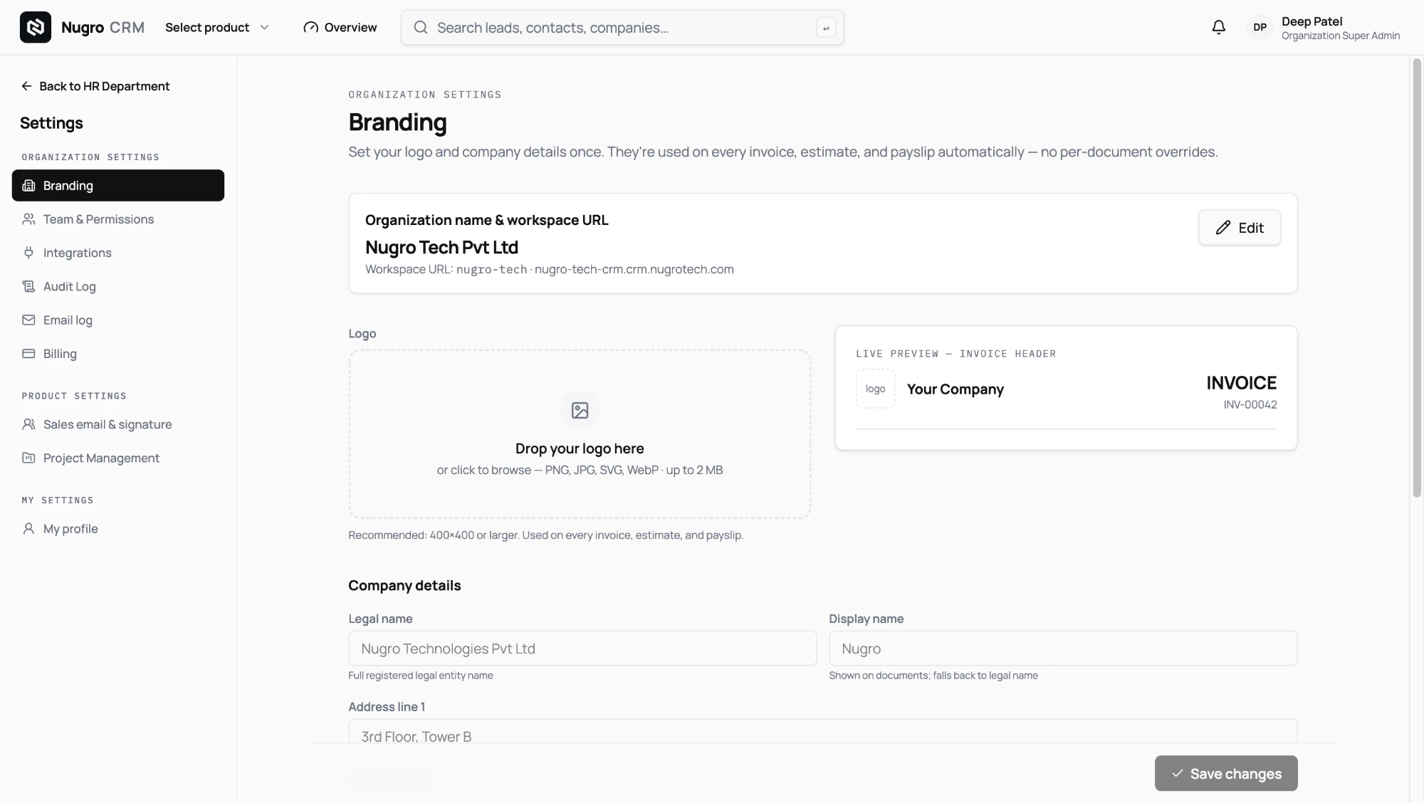 Vyavastha branding and organisation settings